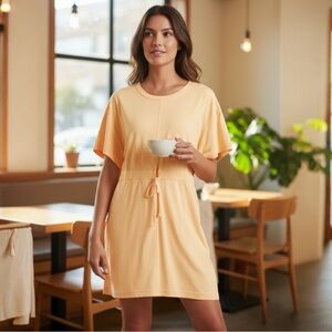 Athleta S Crosscurrent Coverup Mini Dress Peachy Yellow Drawstring S/S Pockets